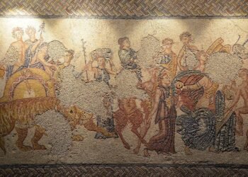 Mosaic panel depiciting the Triumph of Bacchus, from the Villa Torre de Palma near Monforte, 3rd-4th century AD, National Archaeology Museum of Lisbon, Portugal