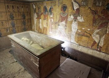 The sarcophagus of King Tutankhamun displayed in his burial chamber in the Valley of the Kings.