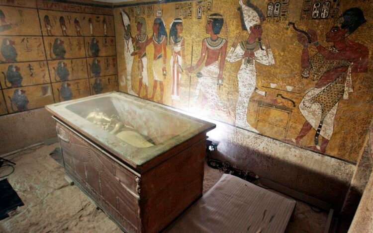 The sarcophagus of King Tutankhamun displayed in his burial chamber in the Valley of the Kings.