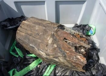Wooden barrel of iron lumps raised from 16th century shipwreck