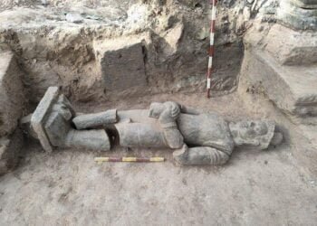 Sandstone door guardian sculpture discovered in Cambodia's Angkor Archaeological Park