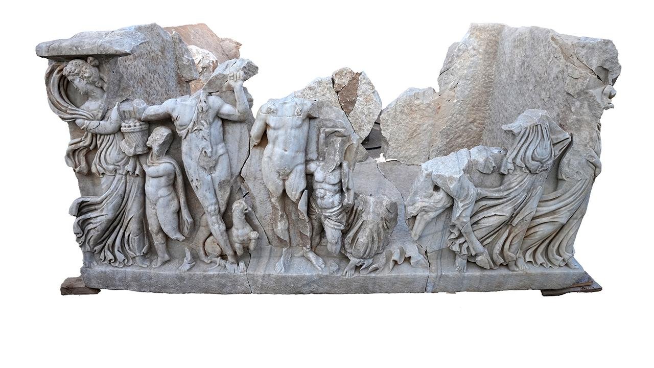 Rare Roman sarcophagus showing Dionysus defeating Hercules found in Caesarea