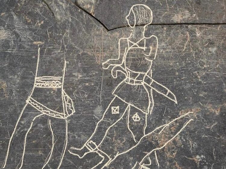 Scenes of warriors from 6th-5th centuries BCE on a slate plaque discovered at Tartessian site in Spain