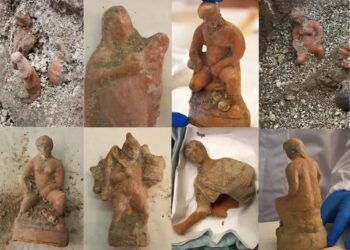 13 terracotta figurines found during excavations of a domus at Pompeii