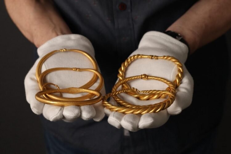 The Rold Treasure includes six Viking Age gold arm rings weighing a total of 762.5 grams, making it Denmark’s third-largest Viking gold hoard. Credit: North Jutland Museums