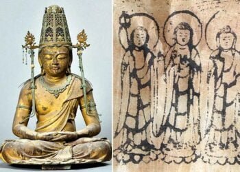 Fragments of washi paper discovered in the head of a Buddhist statue in Japan