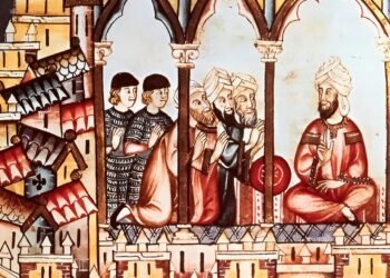 Castillian ambassadors attempting to convince Almohad king Abu Hafs Umar al-Murtada to join their alliance. Contemporary depiction from The Cantigas de Santa Maria. Public Domain