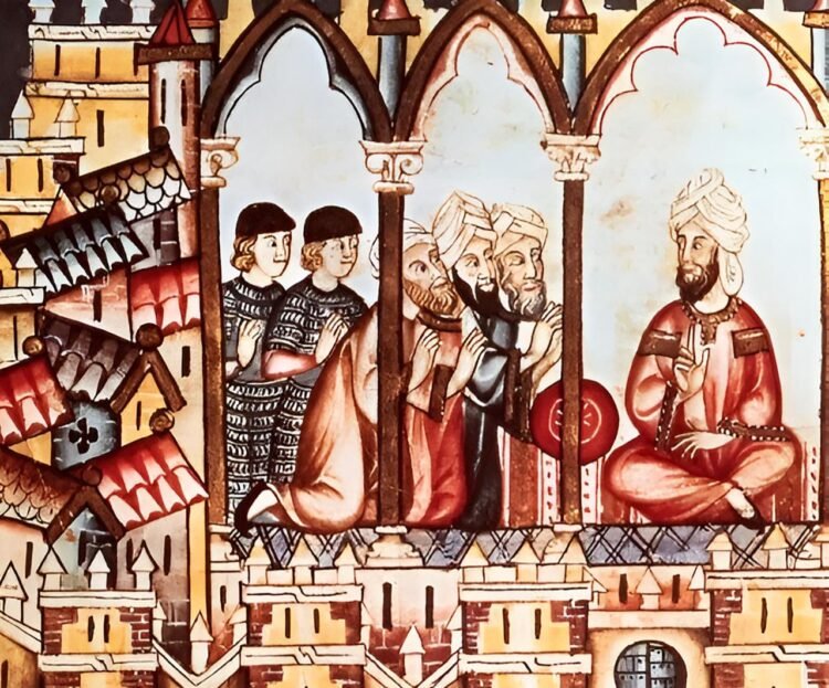 Castillian ambassadors attempting to convince Almohad king Abu Hafs Umar al-Murtada to join their alliance. Contemporary depiction from The Cantigas de Santa Maria. Public Domain